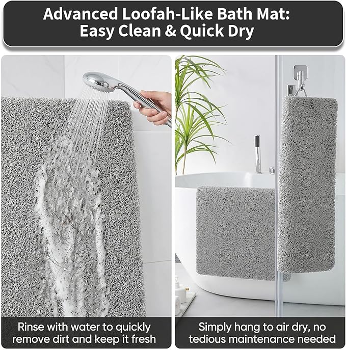 Non Slip Shower Mat, 16 x 40 Inch Anti Slip Shower Mats for Inside Shower, Quick Drying Extra Large Bathtub Mat, Cuttable Soft PVC Loofah Bath Mats for Wet Area, Bathroom, Sink (Grey)