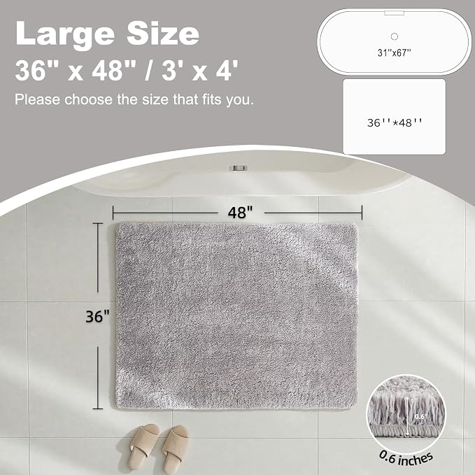 TYUU Large Bathroom Rugs, Ultra Soft Super Absorbent Bath Rugs Non Slip Washable Quick Dry Bath Mat with Rubber Backing for Bathroom Floor, Shower, or Sink, Light Grey 3' x 4'