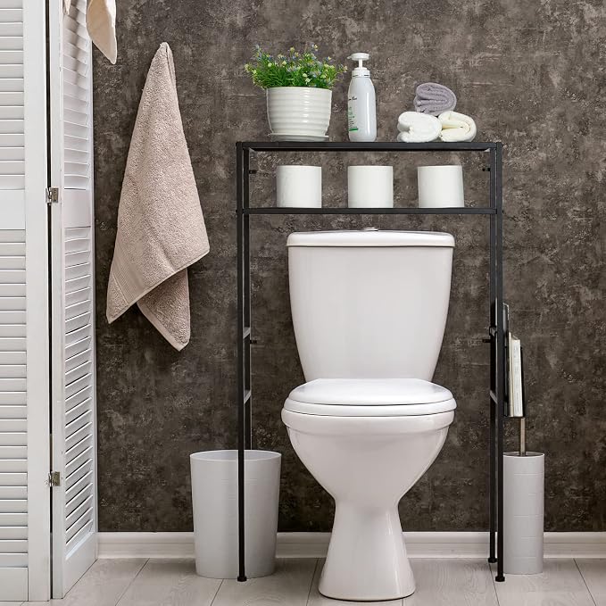 MyGift 2-Tier Over The Toilet Storage Rack, Over Toilet Bathroom Organizer, Freestanding Above Toilet Shelf with Removable Magazine Holder Basket, Black Metal Cabinet for Laundry Space Saver