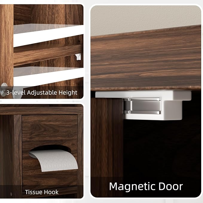 Shintenchi Over the Toilet Storage Cabinet, Bathroom Storage Cabient with Barn Doors, Bathroom Storage Shelf Organizer with Toilet Paper Holder, Adjustable Shelf and Anti-Tip Device, Walnut