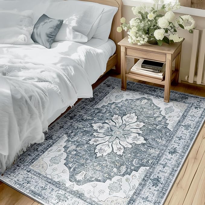 RELEANY Area Rugs 3'x5' Washable Non-Slip, Floral Vintage Distress Medallion Carpet for Living Room Bedroom Dining Room, Light Gray Grey White