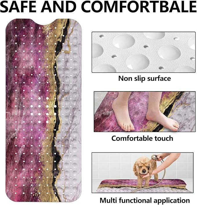 LNOND Marble Bath Tub Mat Non Slip, Extra Long 40 X 16 Inch Anti Slip Mat for Bathtub, Pink Gold Marble Shower Mat with Drain Holes and Suction Cups, Machine Washable