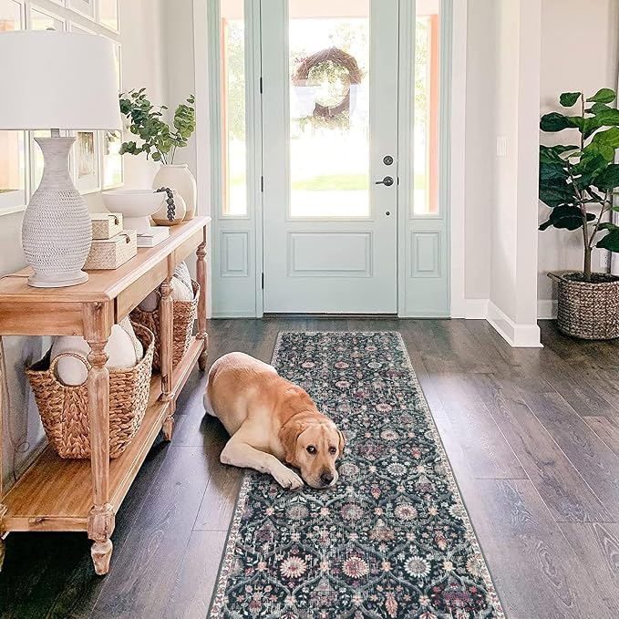 Lahome Moroccan Hallway Rug, 2'5''x8' Kitchen Runner Rugs Non Skid Washable Runners for Hallways, Ultra-Thin Oriental Carpet for Entryway Laundry Room Bedroom Bathroom Elise, Black/Multi