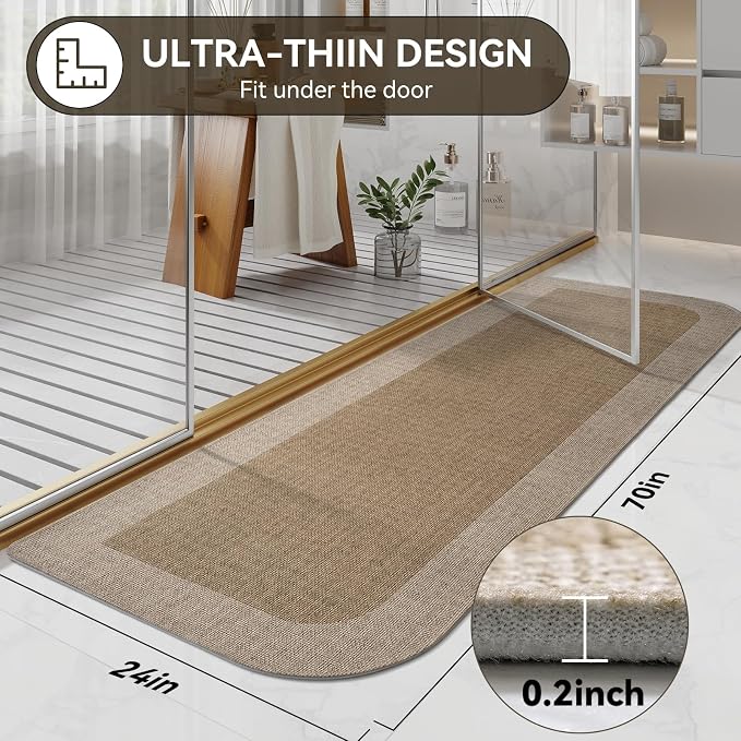 YDKGL Bathroom Runner Rug, Thin Bath Mat Non Slip Washable Large Bathroom Rugs, Rubber Backing Quick Dry for Floor, Tub and Shower, Brown Beige 24x70