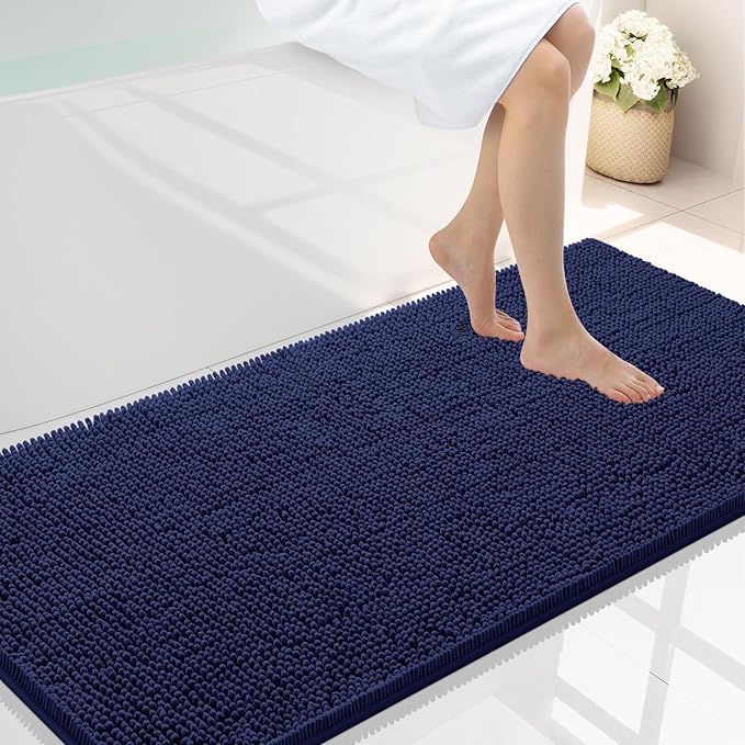 Smiry Luxury Chenille Bathroom Rugs 40x24, Extra Soft and Absorbent Shaggy Bath Mat, Machine Washable, Non-Slip Plush Carpet Runner for Tub, Shower, and Floor, Home Decor Accessories, Navy Blue