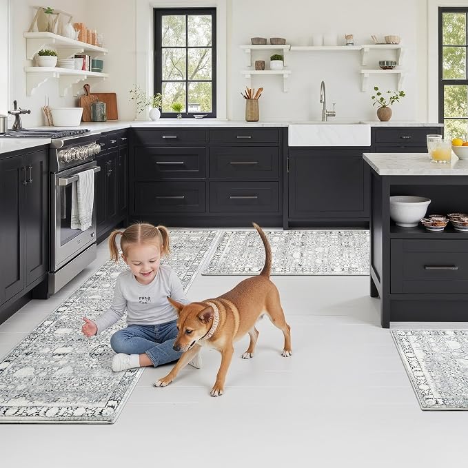 GRANNY SAYS Boho Kitchen Rug Sets of 3, Non Slip Washable Faux Wool Kitchen Mats for Floor, Thick Soft Anti-Fatigue Comfort Standing Mat Runner Rugs for Hallway Laundry Room, Grey