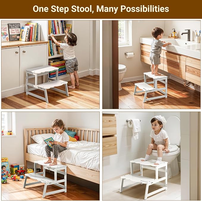 COSYLAND Toddler Step Stool with Removable Protective Side Guard – Stable Kid's Learning Stool for Bathroom Potty, Kitchen, Bedroom – Counter Helper with Armrest – White