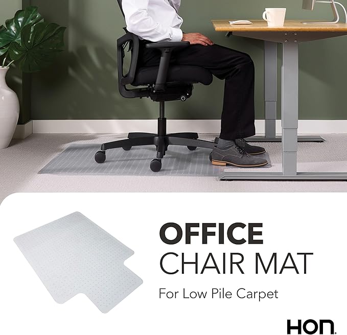 HON Office Chair Mat for Carpet, Clear Desk Mat with Extended Lip for Rolling Computer Chairs, Heavy Duty Vinyl Floor Protector for Low Pile Carpet, 36 x 48 in, Clear