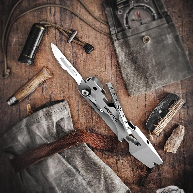 Multitool Pry Bar Wrench Tool with Flat/Phillips Screwdriver Folding Multi-tool Box Cutter Blade Knife, Bottle Opener, Steel Handle, Everyday Carry, Cycling, Camping EDC Pocket Gadget Gifts for Men