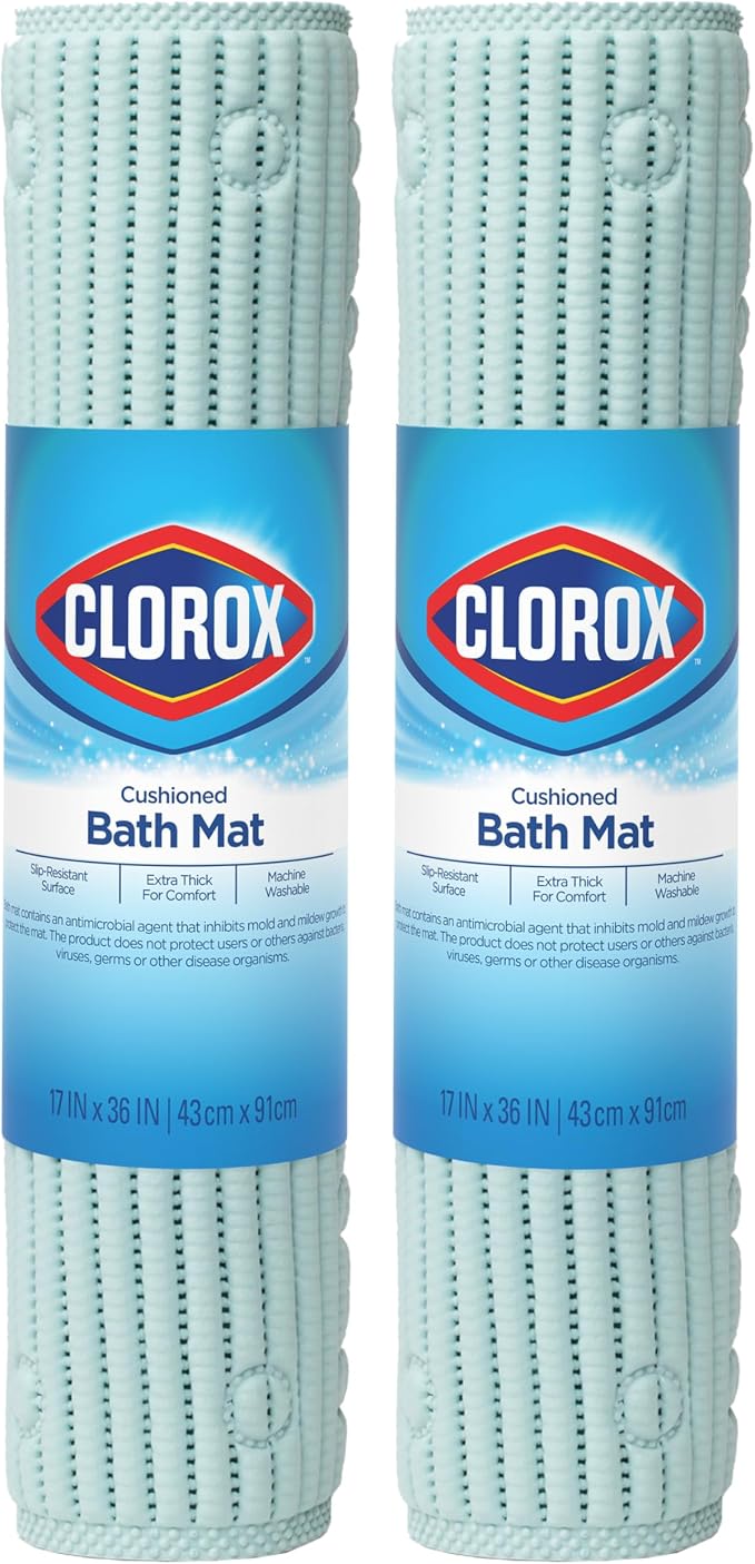 Duck Brand Clorox Bath Mat for Tubs, Non Slip Bathtub Mat with Suction Cups, 17 Inches x 36 Inches, Sky Blue, 2 Pack