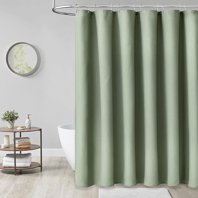 Dynamene Extra Wide Shower Curtain - 84 Inch Wide Waffle Weave Weighted Thick Cloth Bathroom Shower Curtain, Neutral Heavy Duty Hotel Bath Curtain Set with 14 Plastic Hooks, 84x72, Sage Green