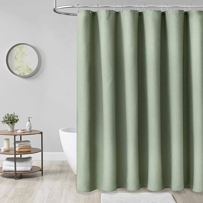 Dynamene Extra Long Fabric Shower Curtain - Waffle Weave 90 Inches Long Heavy Duty Cloth Shower Curtains for Bathroom, 256GSM Tall Hotel Luxury Bath Curtain Set with 12 Plastic Hooks，Sage Green