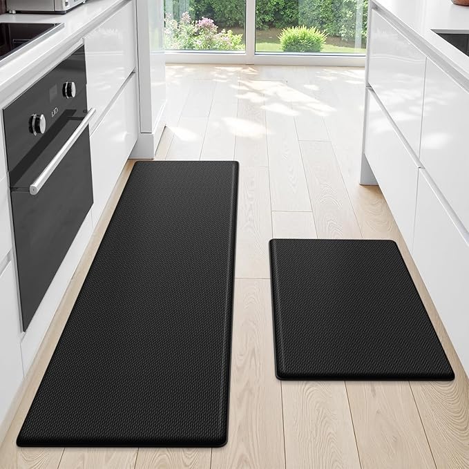 StepLively Kitchen Mat, 2 PCS Kitchen Rugs, Cushioned Kitchen Mats for Floor, Anti Fatigue Kitchen Rug Set, Non-Skid Standing Mat for Kitchen, Office, Sink, 17.3"×30"+17.3"×59", Black