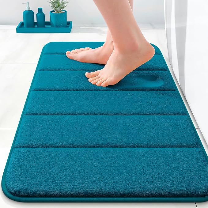 OLANLY Memory Foam Bath Mat 35x16, Super Soft Absorbent Bathroom Rugs, Quick Dry, Machine Washable Shower Floor Rugs, Bathmat Carpet, Bathroom Home Decor Accessories, Peacock Blue