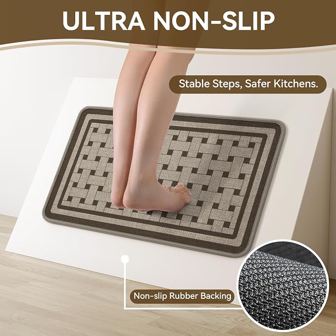 Kitchen Mats for Floor, 17''x30''+17''x47''Kitchen Rugs Set of 2, Washable Absorbent Non Slip Kitchen Mat, Braided Kitchen Runner Rug, Kitchen Sink Rug, Brown