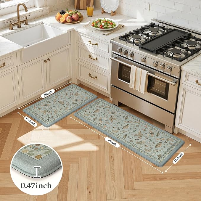 LEEVAN Anti Fatigue Mats for Kitchen Floor Non-Slip, Cushioned Kitchen Mats for Floor 2 Piece, Blue Memory Foam Kitchen Mat Set, Waterproof Ergonomic Standing Mat for Bar, Office,Desk, Laundry