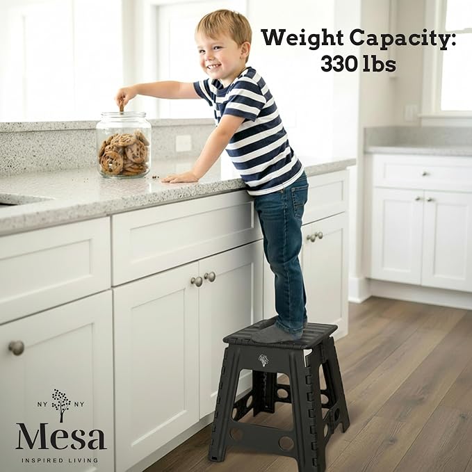 Inspired Living 18" Step Stool, Folding Step Stools for Adults, Plastic Foldable Step Stools Kids, Holds Up to 330 lbs, Collapsible Folding Stool for Kitchen, Bathroom, Bedroom - Black/Grey