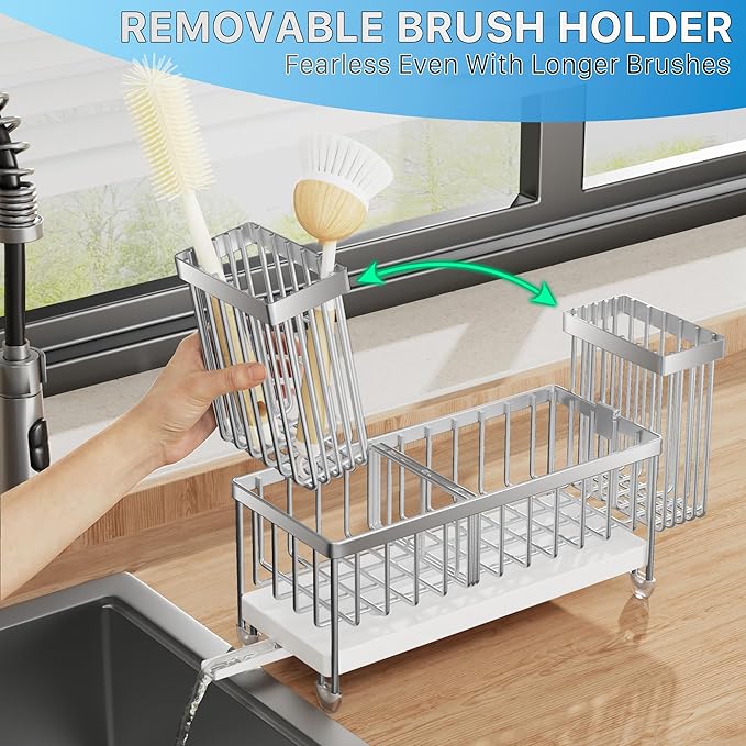 Cisily Sponge Holder for Kitchen Sink, Sink Caddy Organizer with High Brush Holder, Kitchen Countertop Organizers and Storage Essentials, Rustproof 304 Stainless Steel (Silver, 9.25″)