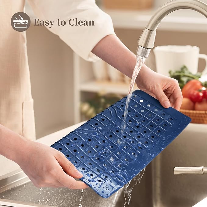 WILLKOMMEN Kitchen Sink Mat, 12" x 10" Dish Drying Mat, Rectangular Sink Protector Mats for Bottom of Kitchen Sink, Fast Draining Sink Mats Grid, 2 Pack Dark Blue
