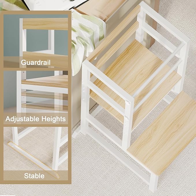 INNOD Kitchen Step Stool for Toddlers, Height Adjustable Toddler Tower with Safety Rail, Steel and Wood Toddler Kitchen Stool Helper Kids, Stool for Kids, Learning Tower, Kids' Desk Wood White