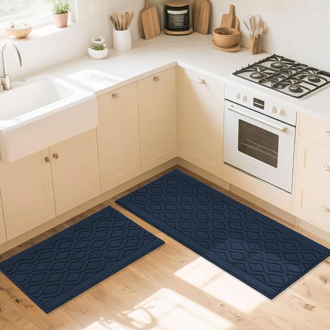 COSY HOMEER 48x20Inch/30X20Inch Kitchen Rugs Sets Non-Slip Washable Kitchen Mats for Floor Polypropylene Absorbent Kitchen Runner for Kitchen Sink Hallway Entryway,Navy Blue