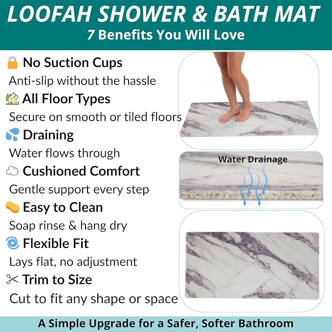 Anti Slip Shower Mat - Non Slip Shower Mats for Inside Shower - Large 47x24 Loofah Shower Floor Mat Non Slip - Bath Mat for Shower - Secure Mat Without Suction Cups (47x24 Marble Grey)