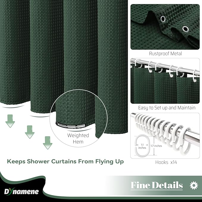 Dynamene Extra Wide Shower Curtain - 84 Inch Wide Waffle Weave Weighted Thick Cloth Bathroom Shower Curtain, Neutral Heavy Duty Hotel Bath Curtain Set with 14 Plastic Hooks, 84x72, Dark Green