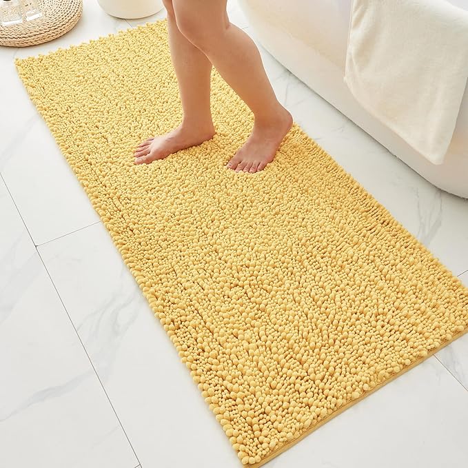 Bathroom Rugs Non Slip Washable 60x24, Extra Thick Soft Chenille Absorbent Bath Mat, High Density Barrier Non Slip Backing, Quick Dry Plush Shaggy Floor Carpet for Tub&Shower, Yellow