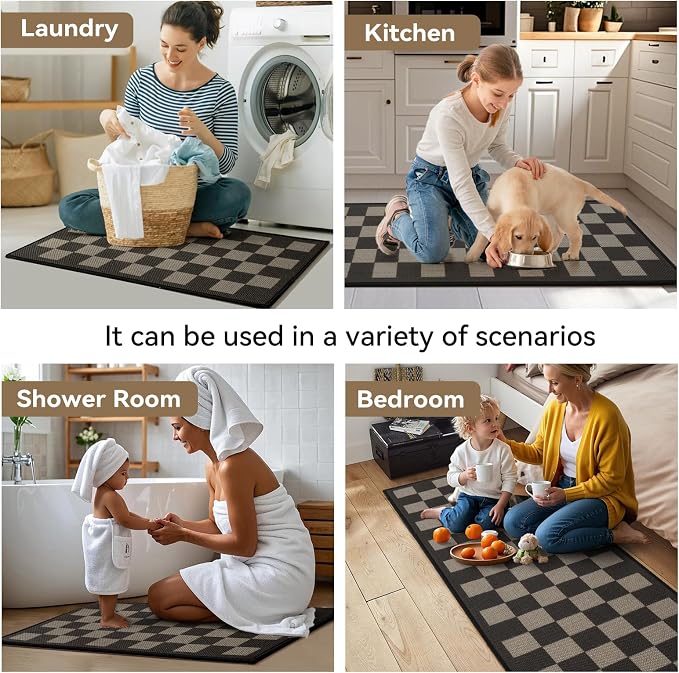 YDKGL Kitchen Mats for Floor, Super Absorbent Kitchen Rugs Non Slip Washable, Linen-Look Woven Cushion Kitchen Runner Rug, Kitchen Sink Standing Mat, Black Beige Checkered 17"x30"