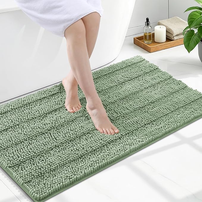 Grandaily Chenille Striped Bathroom Rugs 47x24, Extra Thick and Soft Absorbent Bath Mats, Rubber Backing, Plush Shaggy Shower Carpet, Machine Wash Dry, Bath Rug for Bathroom, Grayish Green