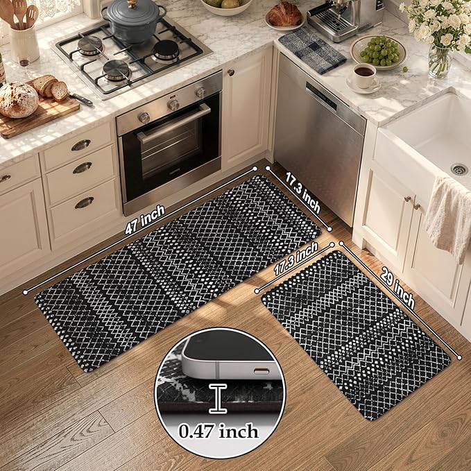 KIMODE Anti Fatigue Mats for Kitchen Floor 17"x47"+17"x29", Black Boho Distressed Kitchen Rugs Sets of 2, Cushioned Kitchen Floor Mats, Non Slip Standing Mats for Sink Laundry Room Decor Office Desk