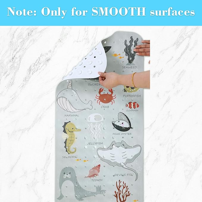 Secopad Bath Mat for Tub Non Slip, Machine Washable Anti-Slip Cartoon Baby Bathtub Shower Mat with Drain Holes and Suction Cups for Toddler & Kids, 40 Inch x 16 Inch, Greige Sea Animals