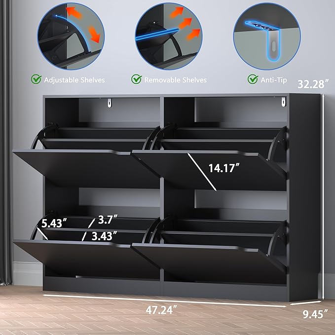 BORNOON Shoe Cabinet with 4 Flip Drawers, Narrow Hidden Shoe Storage Cabinet, Slim Freestanding Shoe Rack Organizer for Entryway, Hallway, Bedroom, Living Room
