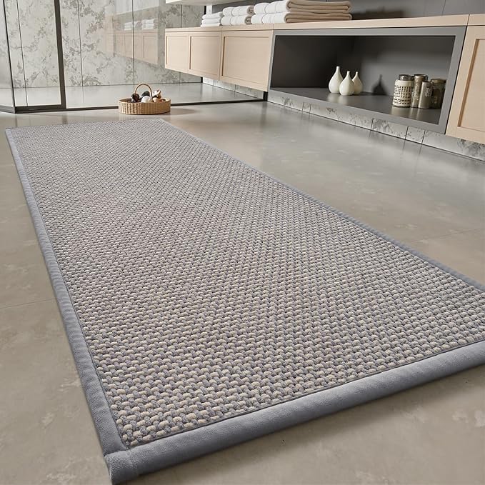 PADOOR-Bath Mat Runner-Super Absorbent Chenille Bathroom Mats-Rubber Backed Bath Mats for Bathroom Non Slip, Easy Clean Bathroom Runner Rugs Front of Bathtub,Shower Room,Sink-24×48, Grey&Beige