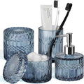 Blue Bathroom Accessories 4Pcs, Diamond Glass Bathroom Accessory Set, Bathroom Set with Soap Dispenser, Blue Bathroom Decor with Toothbrush Holder, Qtip Holder for Bathroom, Countertop