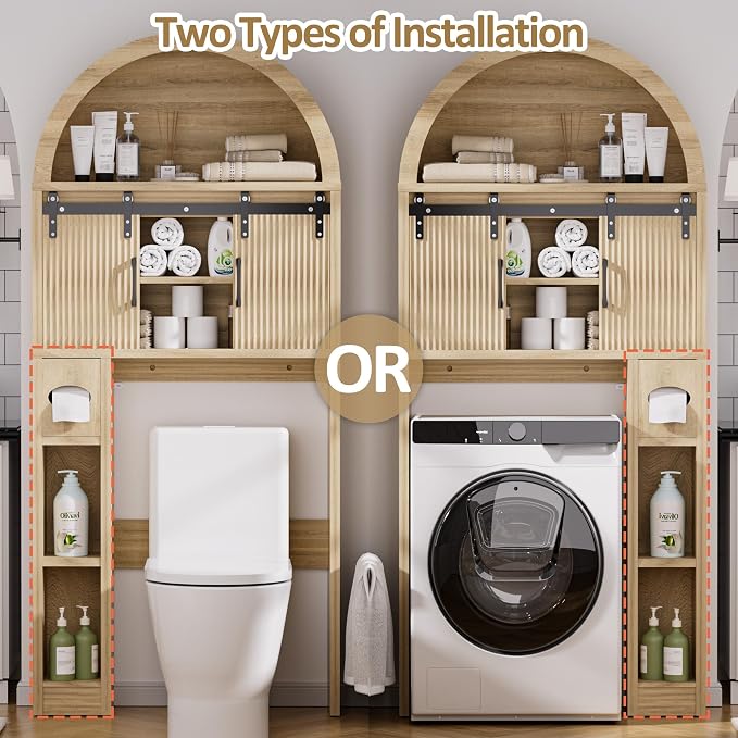 Spurgehom Over The Toilet Storage Cabinet, Bathroom Shelf Organizer Freestanding, Bathroom Arch Cabinet Over Toilet with Toilet Paper Holder and Anti-Tipping Device (Two Sliding Door-Wood)