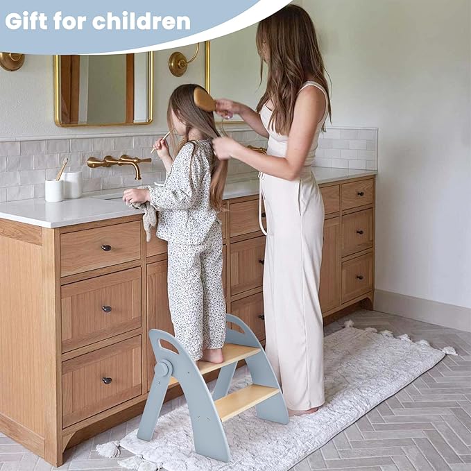 Wooden 2 Step Stool for Toddlers, Foldable 2-Step with Non-Slip Pads and Handles, Bamboo Step Stool for Kids Bathroom Sink and Potty Training, Kitchen Helper, Nursery Bedroom(Blue)