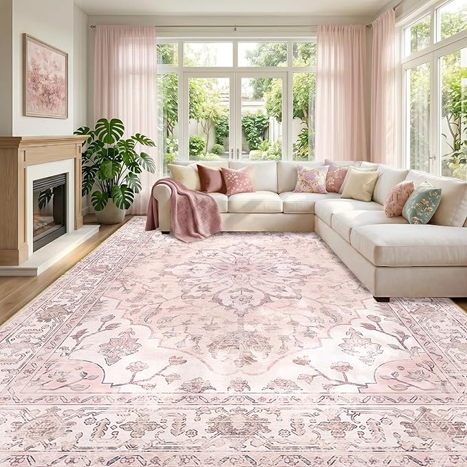 RELEANY Area Rugs Large 10'x12' Washable Non-Slip, Floral Vintage Distress Medallion Carpet for Living Room Bedroom Dining Room, Pink Greypink Cute