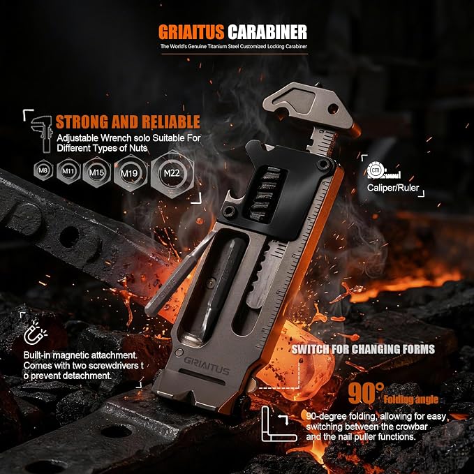 EDC Gear Pry Bar 7 in 1 Multitool with Keychain | Bottle Opener, Screwdriver & Wrenches, Ruler & Window Breaker, Nail Remover, Camping, Hiking, Outdoors, Everyday Carry