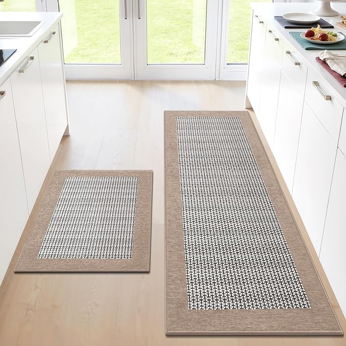 StepRite Kitchen Mats for Floor, Non-Slip Kitchen Rugs Set of 2 PCS, Super Absorbent Washable Kitchen Mats with Rubber Backing, Runner Mats for Front of Sink (20"x32"+20"x60" Khaki)