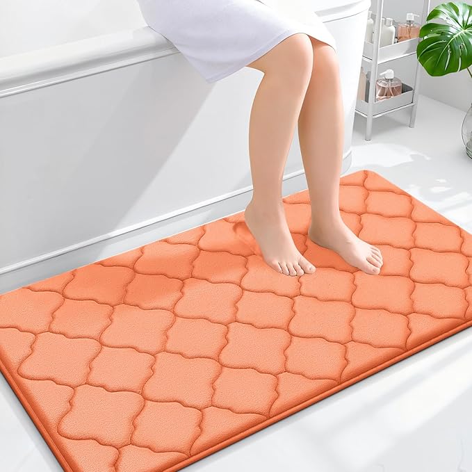 OLANLY Memory Foam Bath Mat Rug 44x24, Ultra Soft and Absorbent Bathroom Rugs, Non-Slip, Comfortable, Machine Washable Bath Carpet for Bathroom Floor, Tub, Shower and Home Decor Accessories, Peach