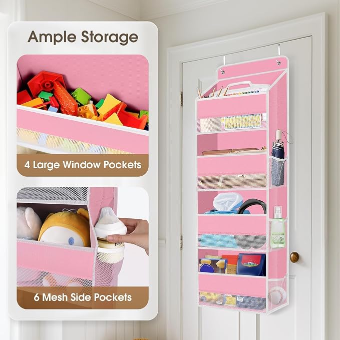 SpaceHacks 2 Pack Over The Door Organizer Hanging Storage Organizers with Clear Window 40lb Large Capacity Room Organizer for Pantry Laundry Bathroom Nursery Closet(Pink)