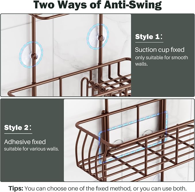 Epicano Shower Caddy Hanging Over Head, Bronze | Rustproof,4 Hooks for Towels,Sponge and & Bathroom Accessories,Anti-Swing Suction Cups & Adhesive hooks
