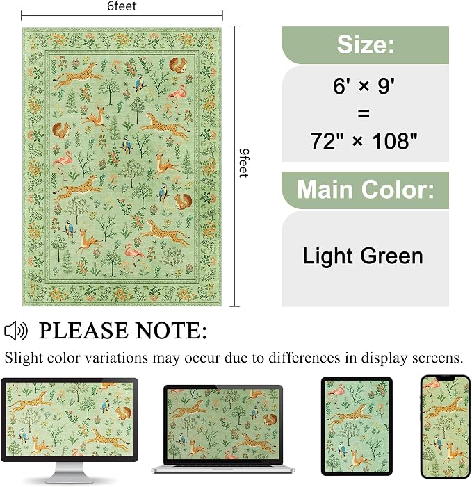 DUKINO 6x9 Rug, Washable Animal Living Room Rug with Non Slip Vintage Design, Soft Low Pile Large Carpet for Bedroom, Nursery, Dining Room, Farmhouse, Playroom, Light Green