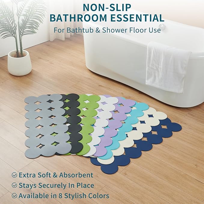 Webos Bathtub Mat Non Slip: Extra Long Rubber Bath Mat for Tub with Strong Suction Cups 15.4" x 37.8" Anti Slip Shower Mat, Big Drain Holes Bathroom Mats for Tub & Shower, Circle-White