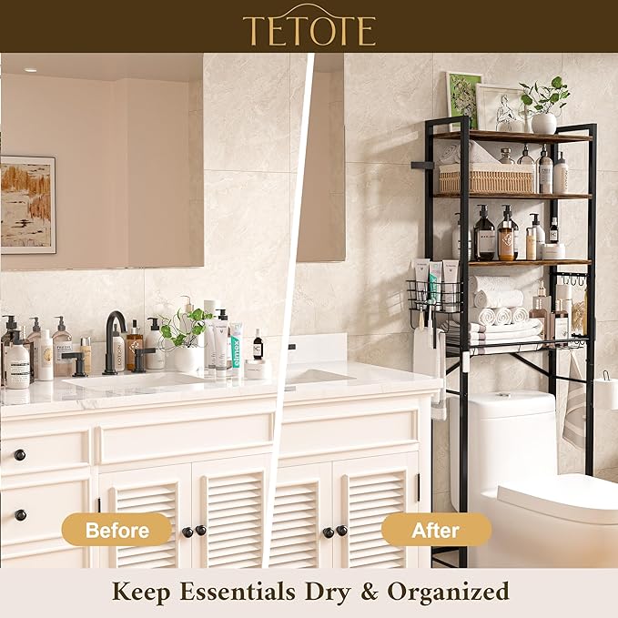 TETOTE Over-The-Toilet Storage Rack, 4-Tier Bathroom Organizer Shelf Over Toilet with Adjustable Shelf and Basket, Freestanding Space Saver Bathroom Shelves Above Toilet for Room(Brown)