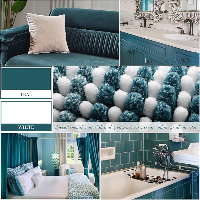 BSICPRO Bathroom Rugs and Mats Sets, 2 Piece Thick Absorbent Chenille Bath Mat Rug Set Non Slip, Soft Shaggy Bath Room Floor Mats for Bathroom, Machine Washable (Teal, 24" x 70" Plus 20" x 32")