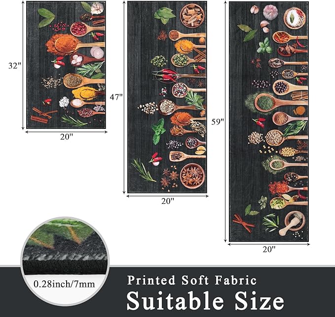 Vaukki Boho Kitchen Rug Sets 3 Pieces, Washable Kitchen Mats for Floor, Non Slip Soft Kitchen Area Rug Floor Mat for Kitchen, Laundry Room and Hallway (Spice-Black, 20''x32''+20''x47''+20''x59'')