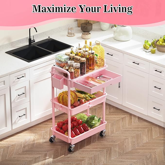 SUNALLY 3 Tier Rolling Cart with Drawer, Bathroom Storage Organizer with 2 Lockable Wheels, Multifunctional Rolling Storage Cart for Bathroom, Kitchen, Office, Craft, Makeup, Baby Essentials, Pink