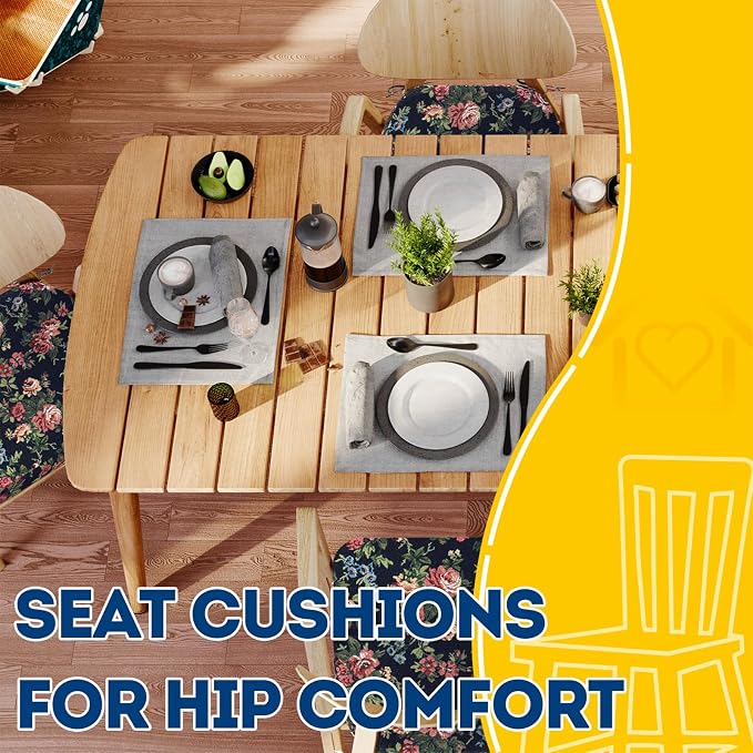 AAAAAcessories D-Shaped Chair Cushions, 2" Thick Dining Chair Pads with Ties and Removable, Machine-Washable Cover, 17" x 16", Set of 4, Night-Blooming Blossoms